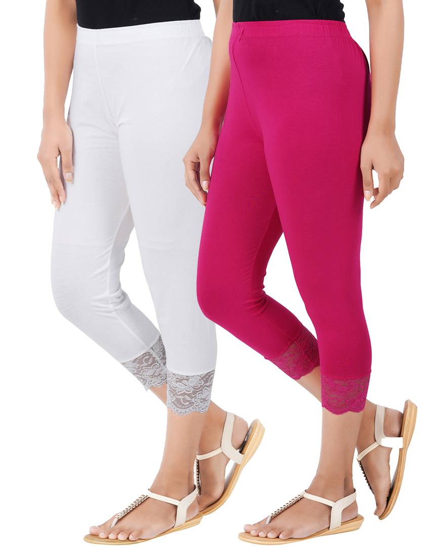 Reliable Cotton Blend Solid Skinny Fit 3/4 Capris Leggings For Women-Pack of 2