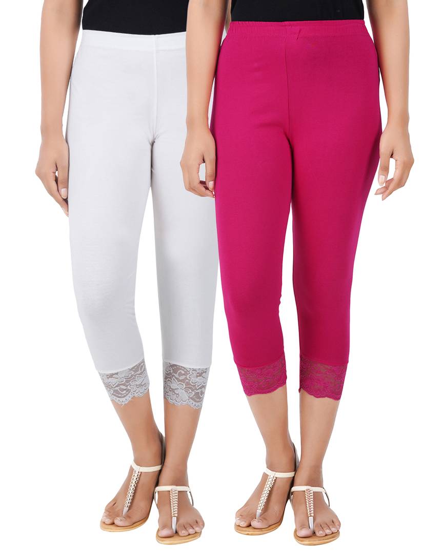 Reliable Cotton Blend Solid Skinny Fit 3/4 Capris Leggings For Women-Pack of 2