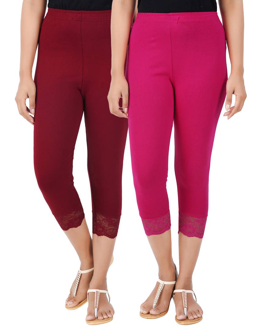 Reliable Cotton Blend Solid Skinny Fit 3/4 Capris Leggings For Women-Pack of 2