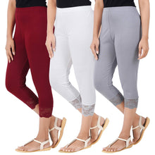 Load image into Gallery viewer, Multicoloured Combo Pack of 3 Skinny Fit 3/4 Lace Capris Leggings for Women&#39;s
