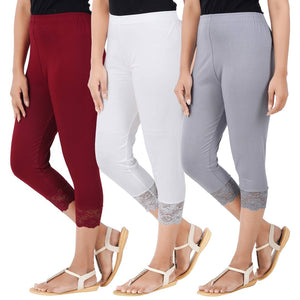 Multicoloured Combo Pack of 3 Skinny Fit 3/4 Lace Capris Leggings for Women's