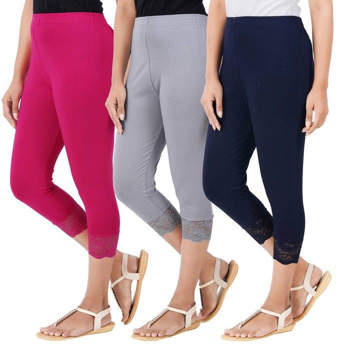 Multicoloured Combo Pack of 3 Skinny Fit 3/4 Lace Capris Leggings for Women's