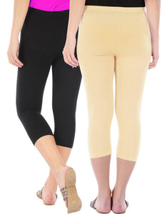 Befli Womens Skinny Fit 3/4 Capris Leggings Combo Pack of 2 Black Light Skin