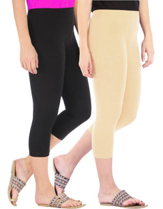 Befli Womens Skinny Fit 3/4 Capris Leggings Combo Pack of 2 Black Light Skin