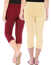 Load image into Gallery viewer, Befli Womens Skinny Fit 3/4 Capris Leggings Combo Pack of 2 Maroon Light Skin