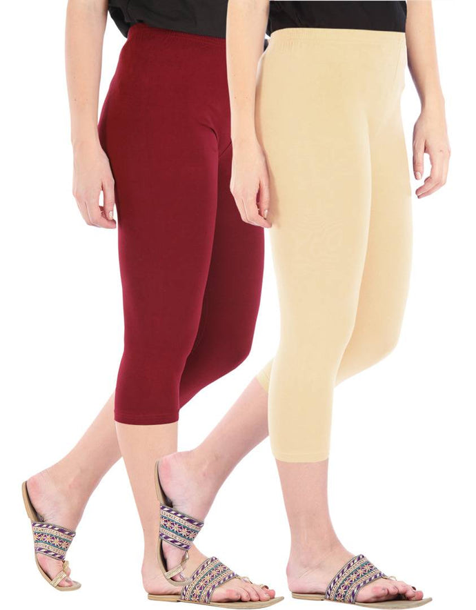 Befli Womens Skinny Fit 3/4 Capris Leggings Combo Pack of 2 Maroon Light Skin