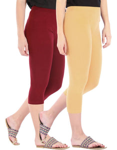 Befli Womens Skinny Fit 3/4 Capris Leggings Combo Pack of 2 Maroon Dark Skin