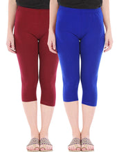 Load image into Gallery viewer, Befli Womens Skinny Fit 3/4 Capris Leggings Combo Pack of 2 Maroon Royal Blue