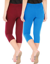 Load image into Gallery viewer, Befli Womens Skinny Fit 3/4 Capris Leggings Combo Pack of 2 Maroon Turquoise