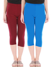 Load image into Gallery viewer, Befli Womens Skinny Fit 3/4 Capris Leggings Combo Pack of 2 Maroon Turquoise