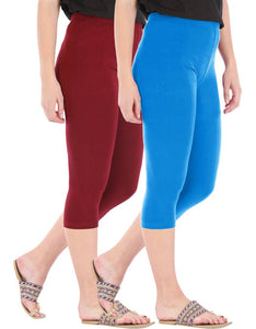 Befli Womens Skinny Fit 3/4 Capris Leggings Combo Pack of 2 Maroon Turquoise