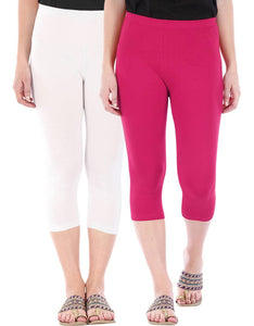 Befli Womens Skinny Fit 3/4 Capris Leggings Combo Pack of 2 White Rani Pink