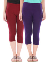 Load image into Gallery viewer, Befli Womens Skinny Fit 3/4 Capris Leggings Combo Pack of 2 Maroon Purple