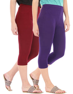 Befli Womens Skinny Fit 3/4 Capris Leggings Combo Pack of 2 Maroon Purple