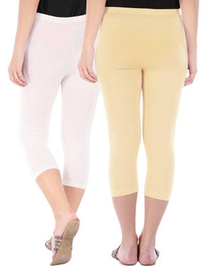 Befli Womens Skinny Fit 3/4 Capris Leggings Combo Pack of 2 White Light Skin