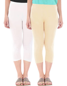 Befli Womens Skinny Fit 3/4 Capris Leggings Combo Pack of 2 White Light Skin