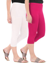 Load image into Gallery viewer, Befli Womens Skinny Fit 3/4 Capris Leggings Combo Pack of 2 White Rani Pink