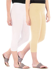 Load image into Gallery viewer, Befli Womens Skinny Fit 3/4 Capris Leggings Combo Pack of 2 White Light Skin