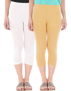 Befli Womens Skinny Fit 3/4 Capris Leggings Combo Pack of 2 White Dark Skin