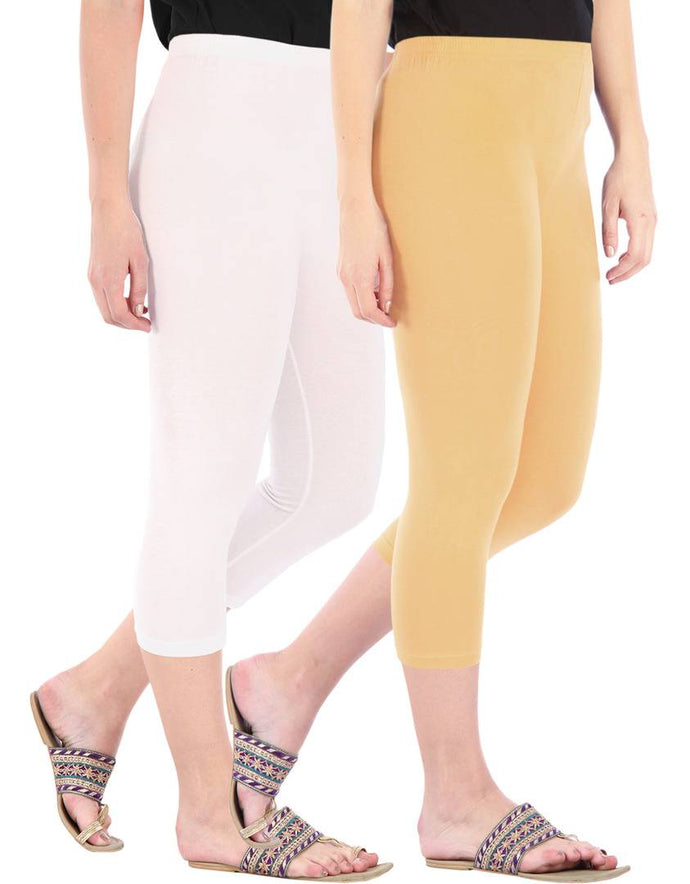 Befli Womens Skinny Fit 3/4 Capris Leggings Combo Pack of 2 White Dark Skin