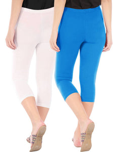 Befli Womens Skinny Fit 3/4 Capris Leggings Combo Pack of 2 White Turquoise