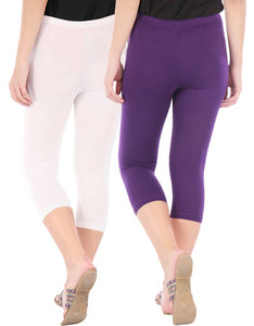 Befli Womens Skinny Fit 3/4 Capris Leggings Combo Pack of 2 White Purple