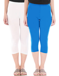 Befli Womens Skinny Fit 3/4 Capris Leggings Combo Pack of 2 White Turquoise