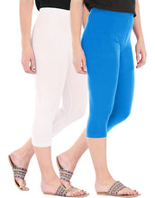 Load image into Gallery viewer, Befli Womens Skinny Fit 3/4 Capris Leggings Combo Pack of 2 White Turquoise