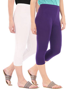 Befli Womens Skinny Fit 3/4 Capris Leggings Combo Pack of 2 White Purple