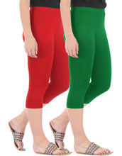 Load image into Gallery viewer, Befli Womens Skinny Fit 3/4 Capris Leggings Combo Pack of 2 Red Jade Green