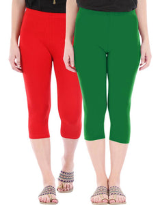 Befli Womens Skinny Fit 3/4 Capris Leggings Combo Pack of 2 Red Jade Green