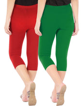 Load image into Gallery viewer, Befli Womens Skinny Fit 3/4 Capris Leggings Combo Pack of 2 Red Jade Green