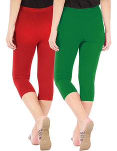 Befli Womens Skinny Fit 3/4 Capris Leggings Combo Pack of 2 Red Jade Green