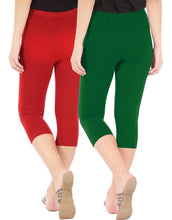 Load image into Gallery viewer, Befli Womens Skinny Fit 3/4 Capris Leggings Combo Pack of 2 Red Bottle Green