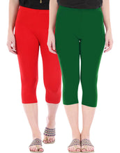 Load image into Gallery viewer, Befli Womens Skinny Fit 3/4 Capris Leggings Combo Pack of 2 Red Bottle Green
