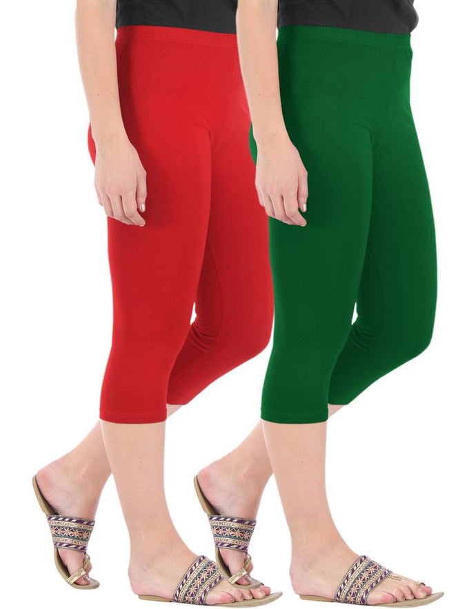 Befli Womens Skinny Fit 3/4 Capris Leggings Combo Pack of 2 Red Bottle Green