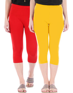 Befli Womens Skinny Fit 3/4 Capris Leggings Combo Pack of 2 Red Golden Yellow