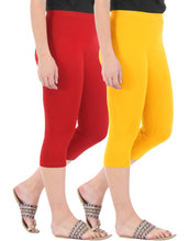 Load image into Gallery viewer, Befli Womens Skinny Fit 3/4 Capris Leggings Combo Pack of 2 Red Golden Yellow