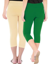 Load image into Gallery viewer, Befli Womens Skinny Fit 3/4 Capris Leggings Combo Pack of 2 Light Skin Jade Green