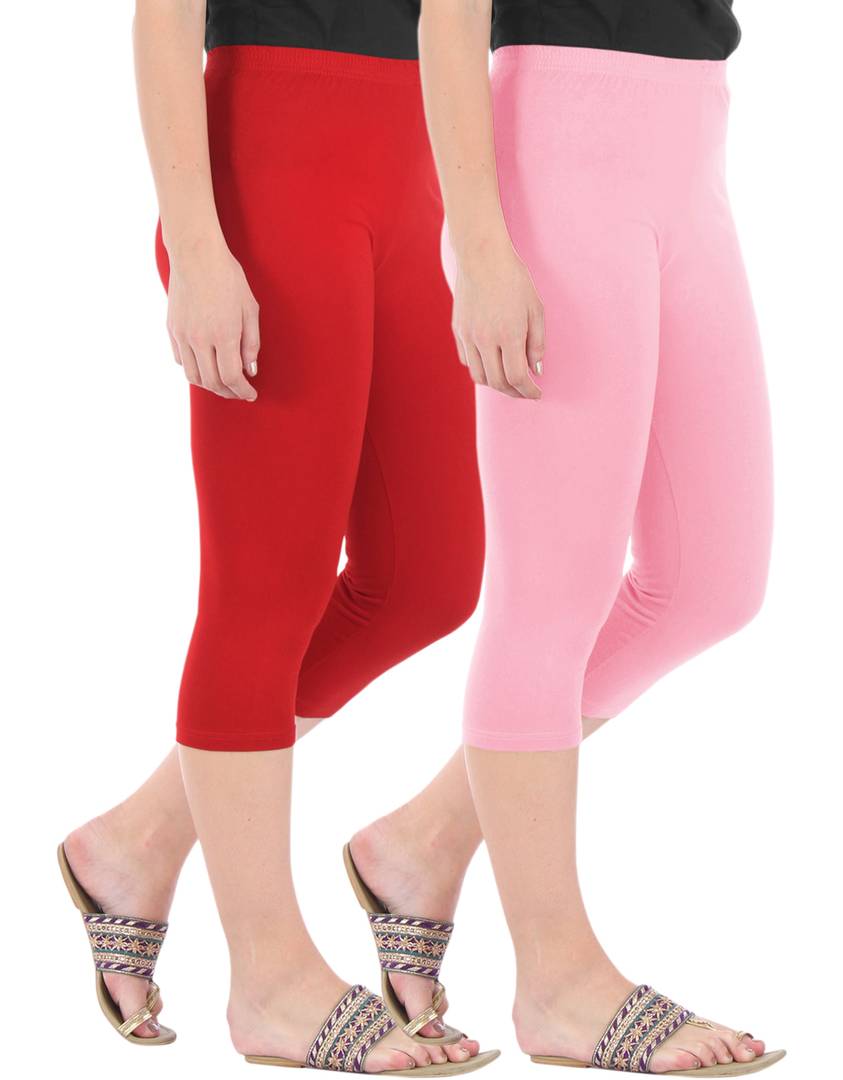 Buy Huma Women's Cotton Lycra 3/4th Capri Leggings Combo Pack of 2 (Free  Size 26-34) (Free Size, D-Pink D-Skin) at Amazon.in