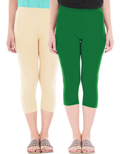 Befli Womens Skinny Fit 3/4 Capris Leggings Combo Pack of 2 Light Skin Jade Green