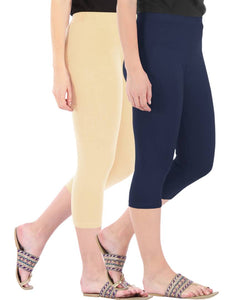 Befli Womens Skinny Fit 3/4 Capris Leggings Combo Pack of 2 Light Skin Navy