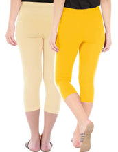 Load image into Gallery viewer, Befli Womens Skinny Fit 3/4 Capris Leggings Combo Pack of 2 Light Skin Golden Yellow