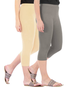Befli Womens Skinny Fit 3/4 Capris Leggings Combo Pack of 2 Light Skin Ash