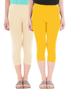 Befli Womens Skinny Fit 3/4 Capris Leggings Combo Pack of 2 Light Skin Golden Yellow