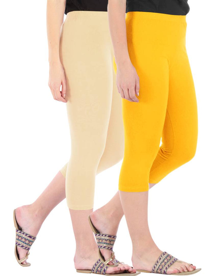 Befli Womens Skinny Fit 3/4 Capris Leggings Combo Pack of 2 Light Skin Golden Yellow