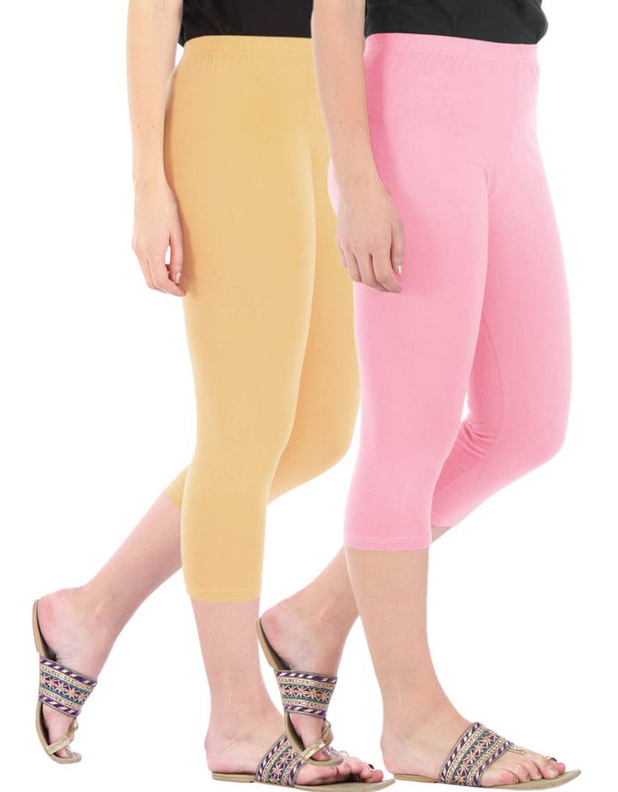 Befli Womens Skinny Fit 3/4 Capris Leggings Combo Pack of 2 Dark Skin Baby Pink