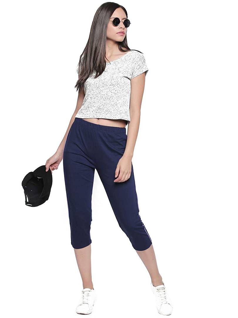 Stylish Leggings Solid Skin Fit Navy Blue Cotton Spandex Capri For Women & Girls