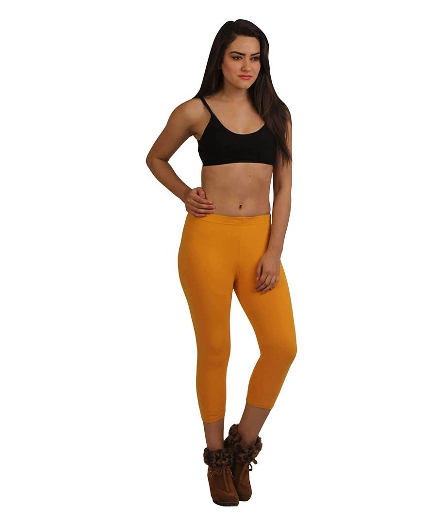 Stylish Leggings Solid Skin Fit Mustard Cotton Spandex Capri For Women & Girls