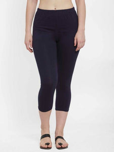 Stylish Leggings Solid Skin Fit Navy Blue Cotton Spandex Capri For Women & Girls